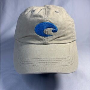 Costa Del Mar Fishing Hat Blue Logo Embroidered Adjustable Strap Beige Dad Cap